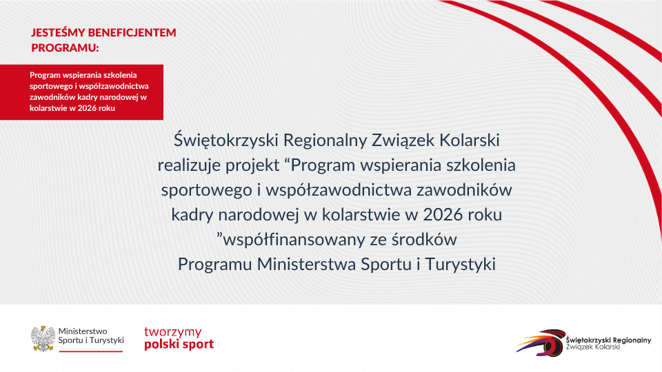 Plansza informacyjna w układzie graficznym identycznym jak poprzednia (jasne tło w szare prążki, czerwone łuki w prawym górnym rogu). W lewym górnym rogu widnieje czerwony napis "JESTEŚMY BENEFICJENTEM PROGRAMU:", a pod nim na czerwonym tle biały tekst: "Program wspierania szkolenia sportowego i współzawodnictwa zawodników kadry narodowej w kolarstwie w 2026 roku". W centralnej części umieszczono tekst: "Świętokrzyski Regionalny Związek Kolarski realizuje projekt „Program wspierania szkolenia sportowego i współzawodnictwa zawodników kadry narodowej w kolarstwie w 2026 roku” współfinansowany ze środków Programu Ministerstwa Sportu i Turystyki". Na dole grafiki znajdują się trzy logotypy: Ministerstwa Sportu i Turystyki, hasło "tworzymy polski sport" oraz logo Świętokrzyskiego Regionalnego Związku Kolarskiego.